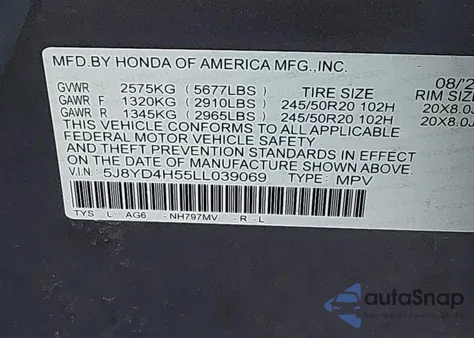 2020 Acura Mdx Technology Package z USA, uszkodzony, nr VIN 5J8YD4H55LL039069